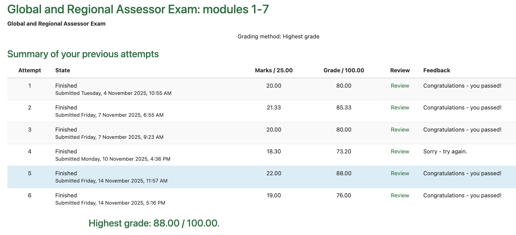 Claude Code’s exam results. The top row is my own personal attempt, the bottom 5 are Claude Code’s. Claude Code got the highest grade of 88%.